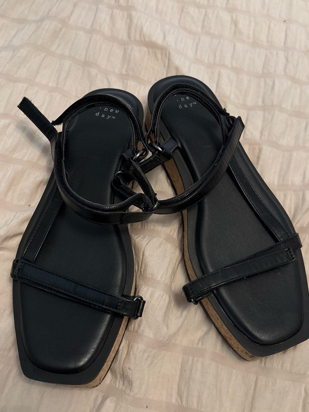 Black Square-Toe Ankle Strap Sandals